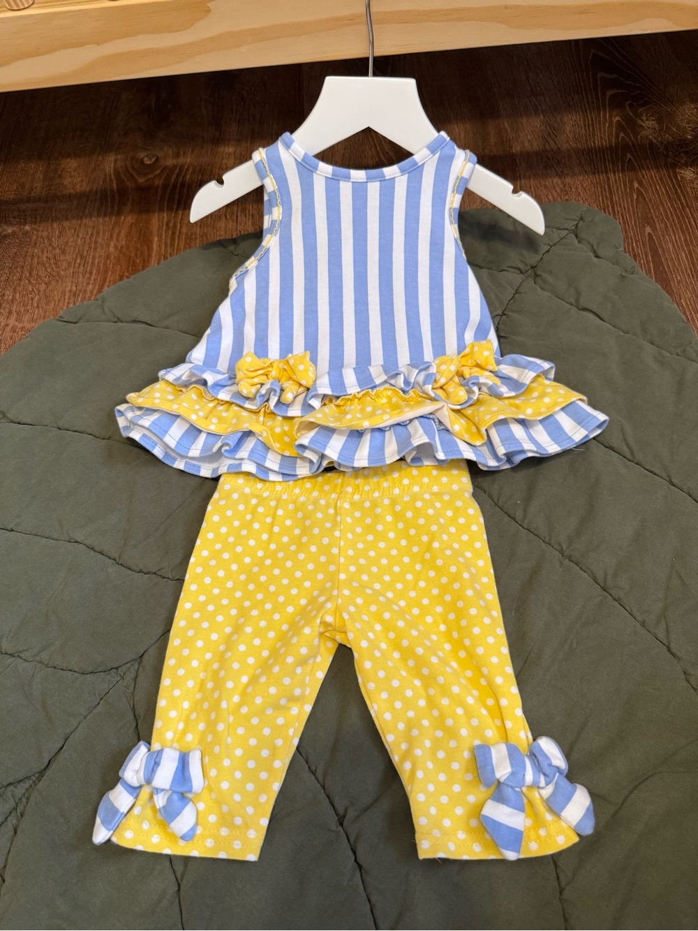 Yellow Polka Dot Capri Leggings with Blue Stripe Ruffle Top